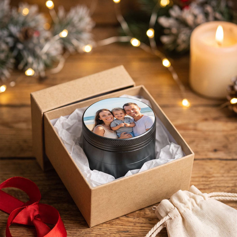 Gewürzmühle mit Familienfoto in Geschenkbox mit Baumwollsäckchen